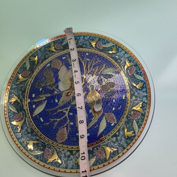 Vintage Houze Glass Pheasant Design Blue Gold Raised Pattern 11" Round MCM - Picture 4 of 5